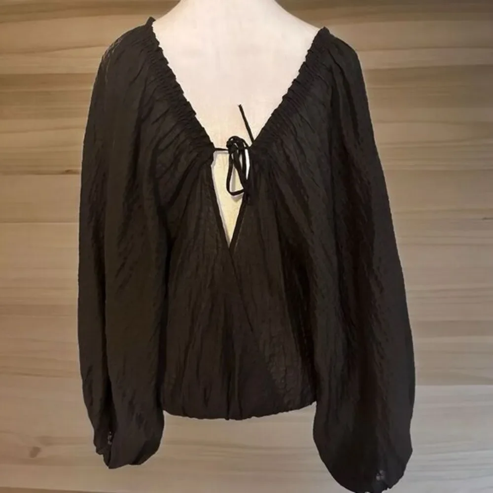 Free People Blouse Black S Womens Off Shoulder Balloon Sleeve Tie Back Oversized